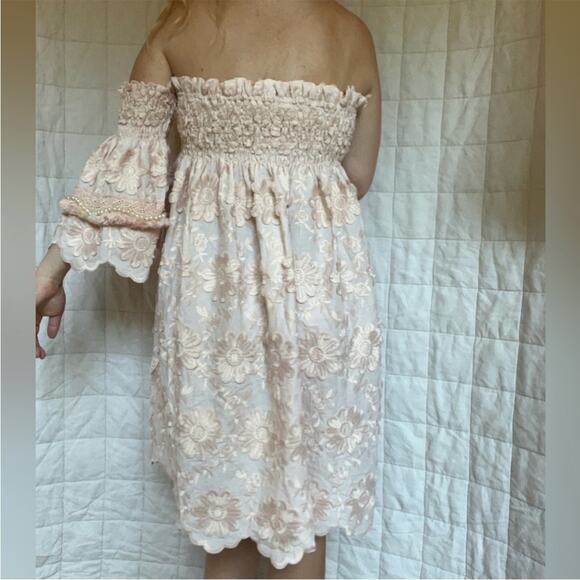 Laurie & Joe Pastel Peach Embroidered Boho Flower Strapless Babydoll Dress - M/L - Picture 2 of 10